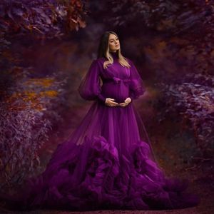 Zwangerschapsjurken fotoshoot van 2024 Demure Purple High Neck Tulle een lijn pregancy -jurken lange pieiermouwen met veter omhoog plooien voor zwangerschapskleding Q240413