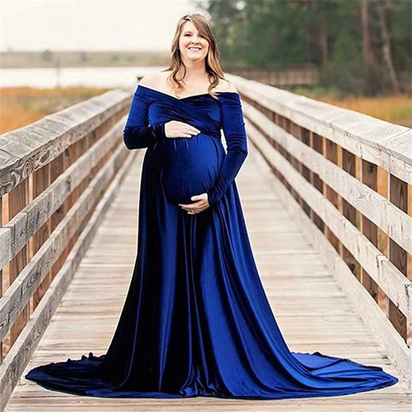 Vestidos de maternidad, accesorios de fotografía, vestido Maxi Sexy para mujeres embarazadas con hombros descubiertos, vestido largo de terciopelo para embarazo, sesiones fotográficas