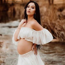 Robes de maternité Photoshot Robe pour femmes enceintes avec à moitié transparente jupe longue en mousseline et épaule robe de photographie pour femmes Q240413