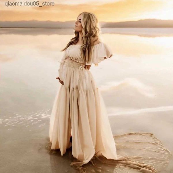Robes de maternité Photoshot enceintes enceintes de femmes enceintes et de haut niveau enceinte femme enceinte plissée semi transparente robe de douche de bébé Q240413