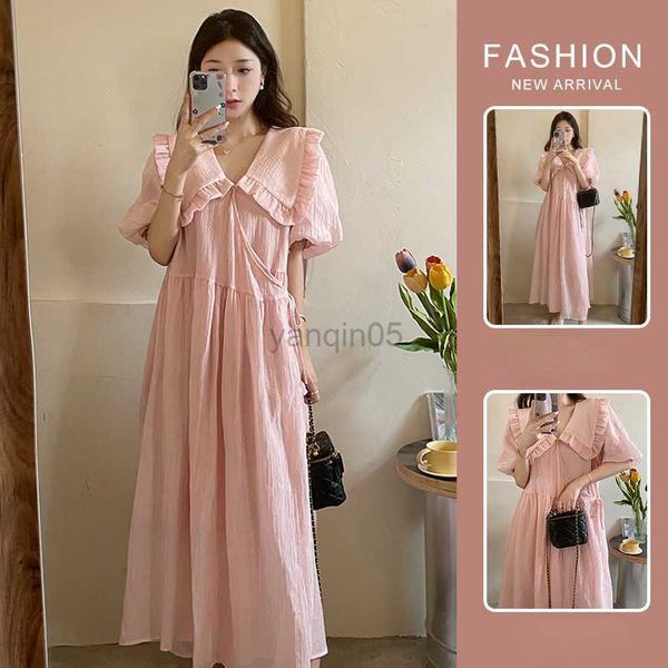 Robes de maternité vêtements enceintes femmes jupe longue col de poupée français début polyvalent été lâche rose tempérament 2022 robe de maternité doux nouveau HKD230808