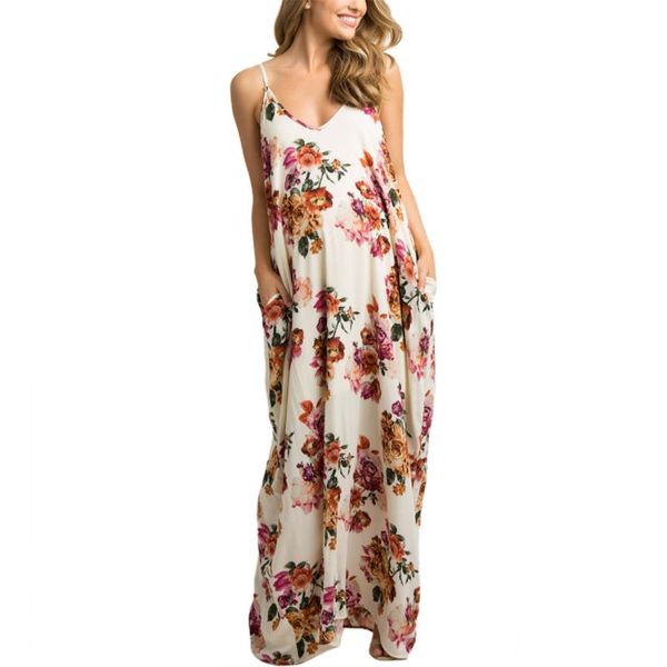 Robes de maternité Femmes enceintes Imprimé floral V-Col Neck sans manches robe décontractée boho maxi s / m / l / xl / xxl