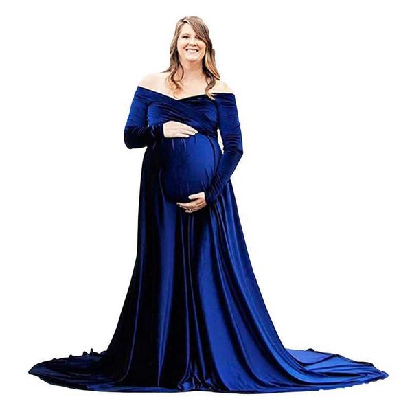 Robes de maternité femmes enceintes photographie accessoires or velours mode maternité queue décontracté col en v robe hiver épaissir longue grossesse vêtements AA230522