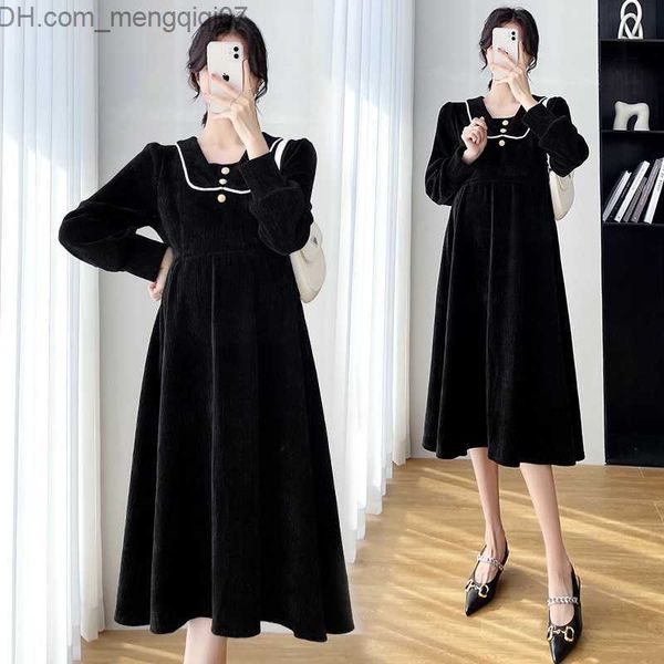 Robes de maternité vêtements pour femmes enceintes automne et hiver taille en peluche occidentale élégant coréen noir décontracté nouveau vêtements pour femmes enceintes 2022 Z230728