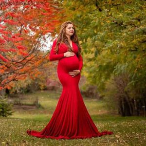 Zwangerschapsjurken Zwangere dames diepe v-neck lange mouwen zwangerschapsfotografie jurk zeemeermin babydouche maxi jurk Q240413