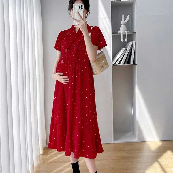 Robes de maternité Robe d'été pour femmes enceintes coréenne à pois à manches courtes correspondant à la taille haute mode vêtements pour femmes enceintesL2403
