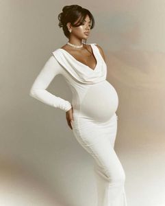 Robes de maternité Femmes enceintes à la mode et sexy col en V robe moulante à manches mi-longues - épaule unique couleur unie design à la modeL2403