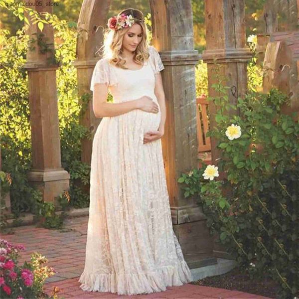 Vestidos de maternidad Vestido de encaje para mujer embarazada Falda larga de manga corta Photografía elegante Solía de fotos de color sólido Q240413