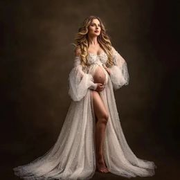 Robes de maternité Femmes enceintes Dentelle Mesh Tug Robe Sexy Glissante Épaule Split Perle Longue Pographie Prop Robe Grossesse 231026