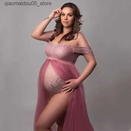 Robes de maternité Photographie femme enceinte robe transparente vestimentaire des vêtements ajustés pour les coutures latérales enceintes en dentelle à manches longues Q240413