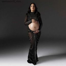 Zwangerschapsjurken Zwangere dames fotografie kleding feestje jurk elastisch mesh spijker diamant jurk foto fotografie fotografie fotografie jurk Q240413