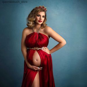 Zwangerschapsjurken Red Satin Maternity Photography Prop Dress+Elegant contrastontwerp van Crown for Maternity Photography Dress Q240413