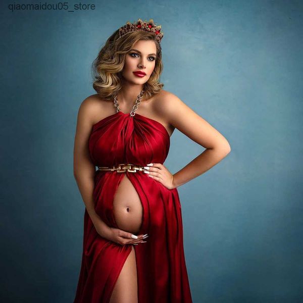 Vestidos de maternidad Vestido de apoyo de maternidad de satén rojo+elegante diseño de contraste de la corona para el vestido de fotografía de maternidad Q240413