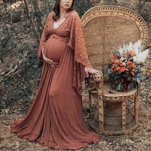 Zwangerschapsjurken Roestkant Boho Moederschap Pography Props Lange jurken V-hals Bohemian Zwangere vrouw Lange jurk voor Po Shoot 230601
