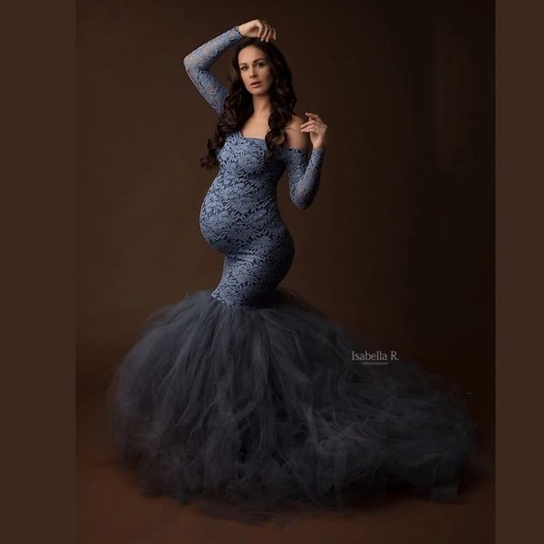 Vestidos de maternidad Vestido de embarazo sin hombros de encaje sexy Pografía Props Maxi vestido de empalme de malla para PO Shoot Ropa 221101