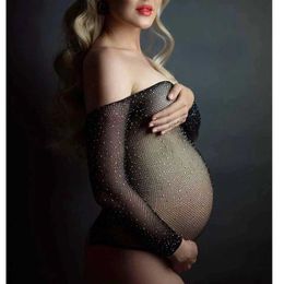 Robes de maternité Sexy Shine Sexy Lace Robes Maternity Photography Props Black Grid Gown Femmes enceinte vêtements de grossesse photo T240509