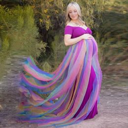 Zwangerschapsjurken schouder uit regenboog zwangerschapsjurk fotoshoot baby shower jurk korte mouwen hoge mouwen hoge taille pure zwangerschapsjurk feestjurk Q240413