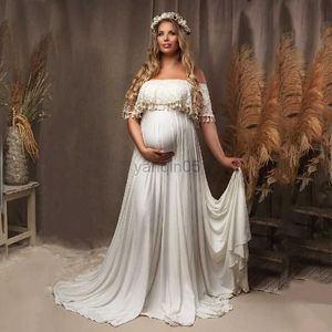 Robes de maternité Slash Neck Vintage Boho Maternité Photo Shoot Robe Longue Jersey Volants Maternité Gland Dentelle Photographie Maxi Robe Baby Shower HKD230808