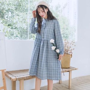 Zwangerschapsjurken Spring Casual Plaid Cotton Jurk Losse kleding met lange mouwen voor zwangere vrouwen Zoete Koreaanse modezwangerschap