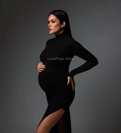 Zwangerschapsjurken Stijlvolle ronde nek Maxi -jurk met dij High Slit ideaal voor pography Casual Wear 240507
