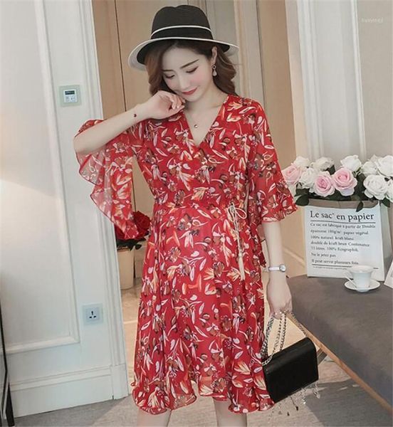 Robes de maternité robe d'été en mousseline de soie col en V floral manches de plage longueur au genou rouge femmes enceintes