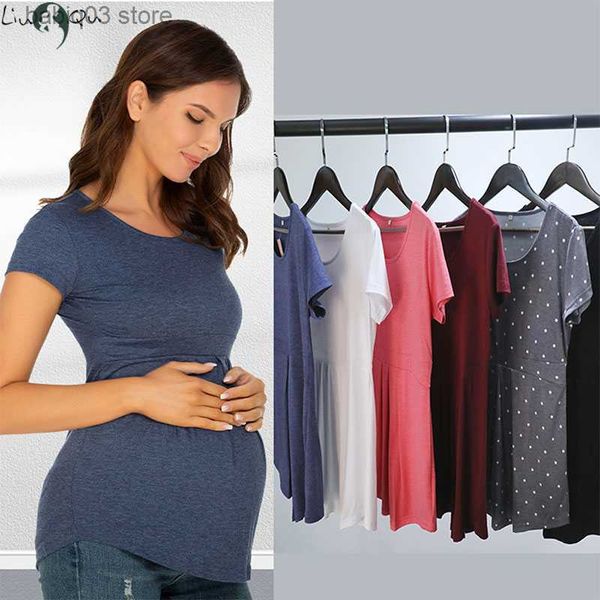 Vestidos de maternidad Verano Maternidad Tops Mujeres Embarazo Camisetas de manga corta Camisetas casuales para embarazadas Elegantes damas Pliegues Top Ropa de mujer T230523