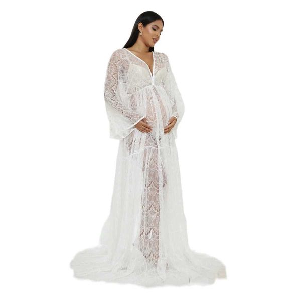 Robes de maternité Summer en dentelle blanche Photo de maternité Robe longue V-collier Boho Grossesse Photographie Maxi Robe T240509