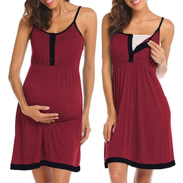 Robes de maternité Femme Sling Boutons Enceinte Alimentation Casual Robe d'allaitement Vêtements de grossesse sans manches Robe de maison Chemise de nuit G220309