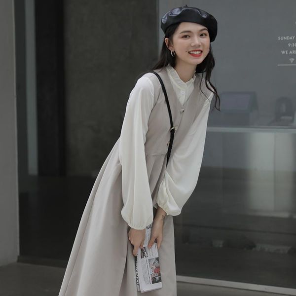 Robes de maternité femmes mode coréenne décontracté fête Midi Antumn élégant faux deux pièces robe 2023 à manches longues à volants Designer France