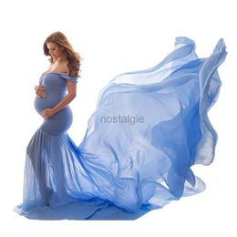 Zwangerschapsjurken Women Maternity Off Schouder Mermaid Chiffon Jurk V Hals Elegant Fit Long Maxi Photography Flowy Baby Shower Dress Photo Prop 24412