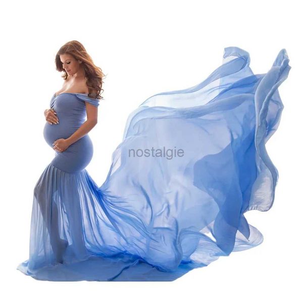 Vestidos de maternidad Mujeres Maternidad fuera de hombro Mermaid Chiffon Vestido V Neck Fit Long Maxi Fotografía Floja Baby Shower Vestido Propujos 24412