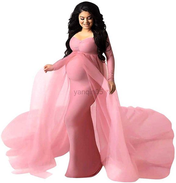 Robes De Maternité Femmes À Manches Longues Hors Épaule Maternité Maxi Photographie Props Robe Tulle Robe De Sirène De Mariage Pour Photoshoot Baby Shower HKD230808