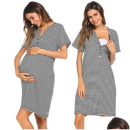 Abiti premaman Abito da donna per l'allattamento al seno Estate O Collo Manica corta Stampa a righe Camicia da notte Indumenti da notte per allattamento G220309 Drop De Dhcvq