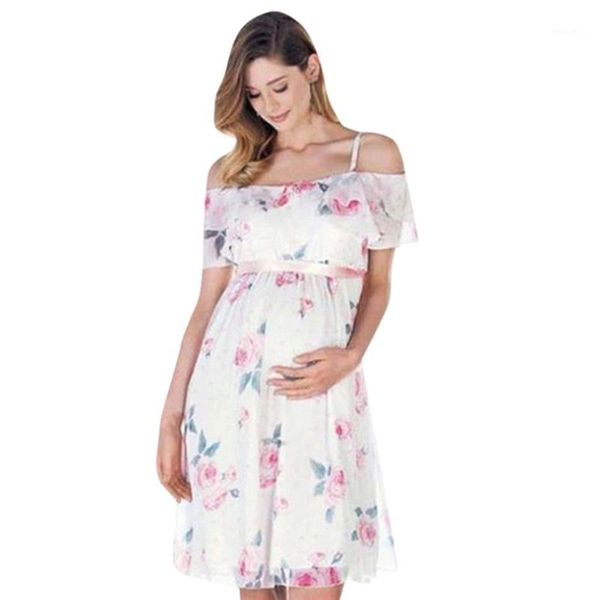 Vestidos de maternidad para mujer, vestido Floral Falbala para embarazadas con hombros descubiertos, Ropa Embarazada #4m29