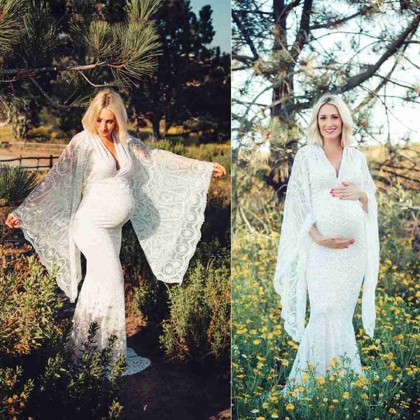 Vestidos de maternidad Vestido embarazada de mujer Caplo en V envuelto con mangas flash MAXI Fotografía Baby Shower Photo Shooting Q240413