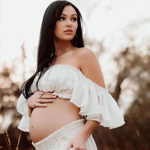 Maternidad para la sesión de fotos en hombro con volantes de gasa transparente embarazo vestido de fotografía larga