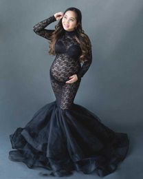 Zwangerschapsjurkjurken voor fotoshoot Zwangere vrouwen Lange mouw Zwart kanten coltrui Fotografiejurken Zwangerschapsjurk