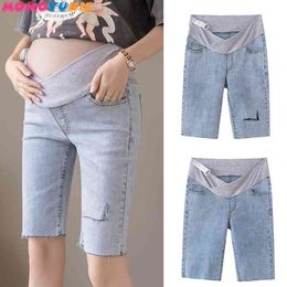 Moederschap grote maat denim shorts casual elastische taille kant caprip mode rhinstone patchwork broek zwangerschap buik jeans korte 210713