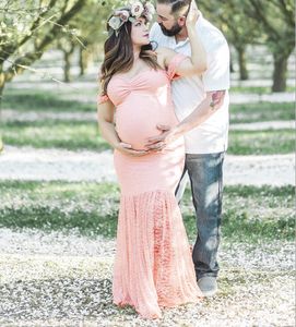 Zwangerschaps-off-shoulder sexy zwangere jurken nieuwe vrouwen fotoshoot roze lange jurk