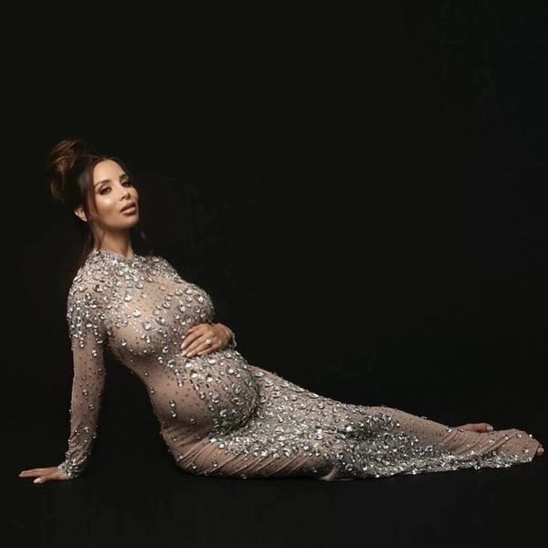 Robe de photographie de maternité, robe de soirée de déesse Sexy, en tissu extensible, diamant brillant, pour femme enceinte, accessoires de séance Photo