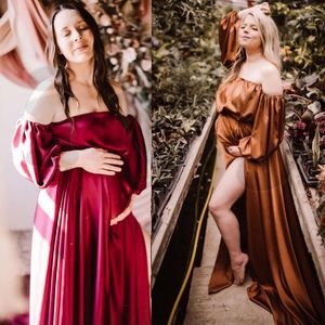 Kraamfotografie jurk zachte satijn uit schouder vrouw jurken baby shower cadeau jurk voor zwangerschap fotoshoot rekwisieten