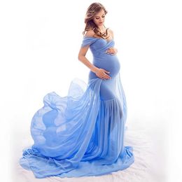 Zwangerschapsfotografie Lange jurk Lange trein Babyshower Chiffon Jurken Slipband Zwangerschapsfotoshoot Jurk van rekbaar katoen