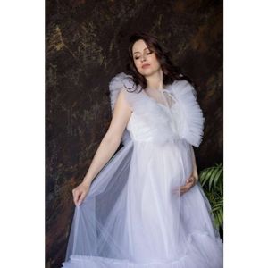 Kraamfotoshootjurk, zwangerschapsopgestelde jurken, Boheemse zwangere bruidsjurken met trein, eenvoudige witte trouwjurk NG017