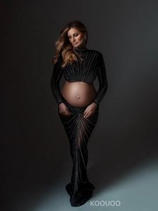 Zwangerschap Po Shoot Uitgesneden Jurken Strass Stretchy Zwangerschap Pography Vrouwen Outfit Halter Crystal Fix Set Jurk 240319