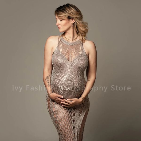 Robes d'accessoires de photographie de maternité, robe longue tricotée au Crochet, Sexy, pour tournage Po, pour femmes, 240321