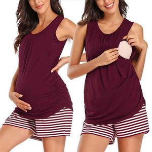 Moederschap Slaap Lounge 2-delige Set Womens Zwangerschap Mouwloze Tank Tops Gestreepte Borstvoeding Kleding 210918