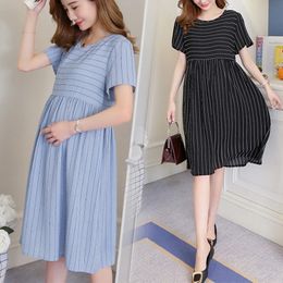 Maternidad Primavera y verano Vestido de embarazo con volantes Manga corta Ropa de costura a rayas Suelta para premama 240326