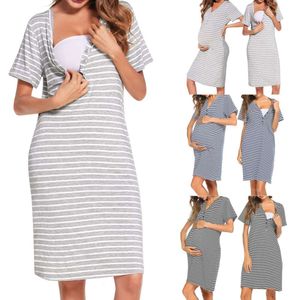 Maternité à rayures décontractées de grossesse à la grossesse à manches courtes bouton de nuit infirmière allaitement allaiteur robe robe l2405