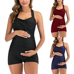 Zwangerschap Swimwears vrouwen zwemkleding bikini vaste kleur zwangerschap zwempak geplooid verzameld badpak 230201