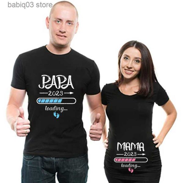 Camisetas de maternidad 2023 Nueva pareja Camiseta de maternidad Lindo papá + Mamá + Bebé Impreso Negro Blanco Anuncio de embarazo Tops Camiseta Pareja Camiseta embarazada T230523